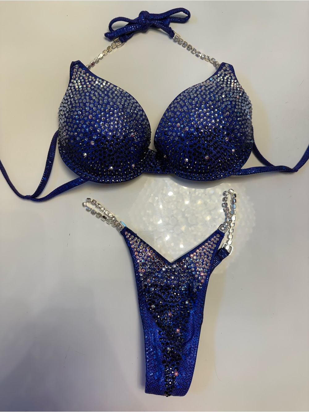 Blue Crystal-Embellished Push-Up Bikini Bra and Thong Set